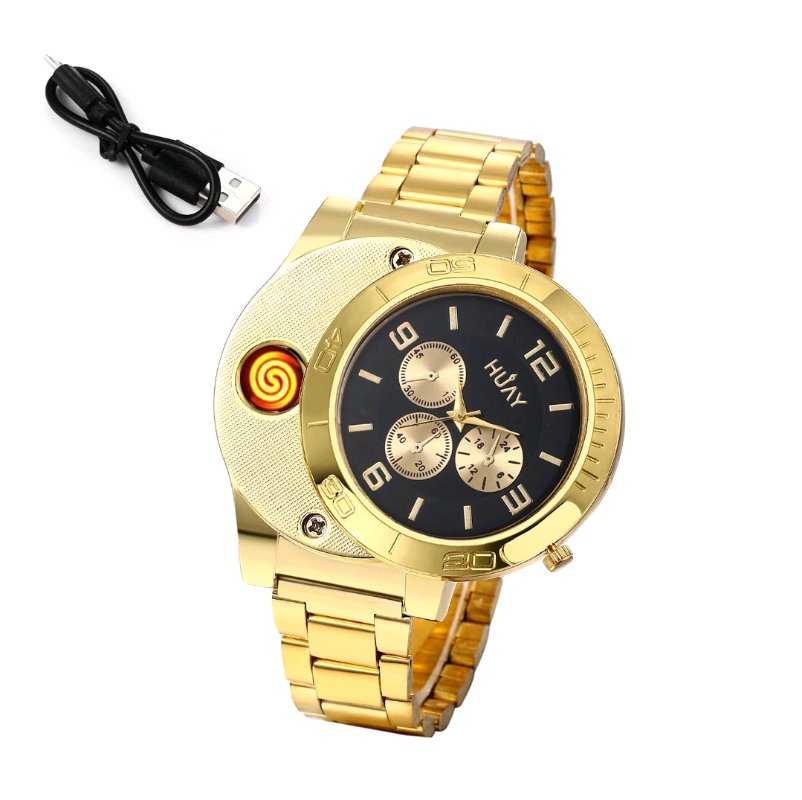 Men Gold Lighter Watch Mens Quartz USB Rechargeable  Wrist Watches